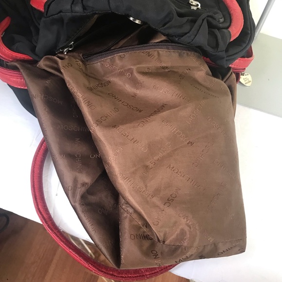 MOSCHINO Vintage 90s Nylon Leather Shoulder Bag Hobo Zipper Pocket Red Logo Tote - Picture 10 of 16